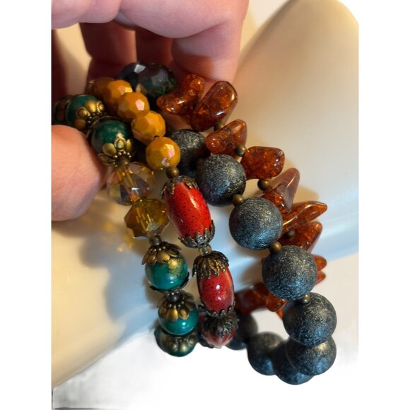 Colorful Multicolor Beaded Elastic Bracelet Set With Turquoise Red Amber & Yello - Picture 7 of 13